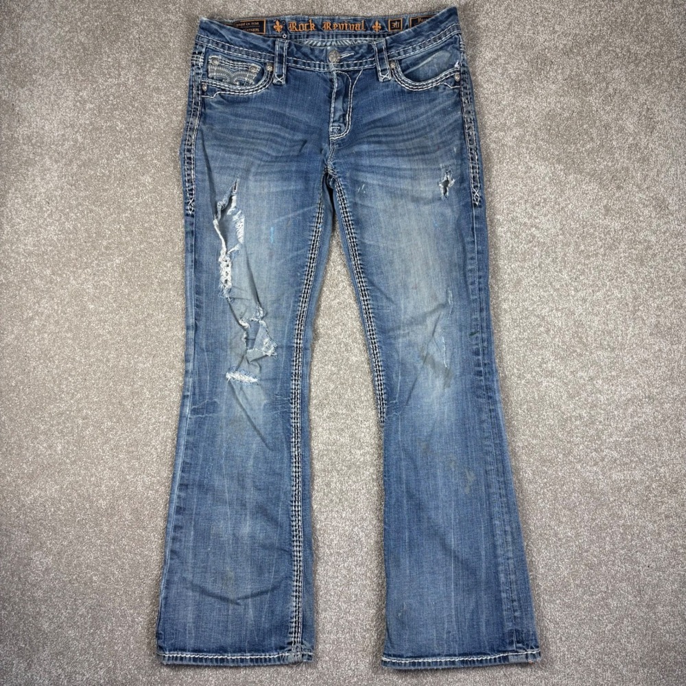 Rock Revival Karol Easy Boot Jeans 30 Distressed Paint Stained Medium Wash